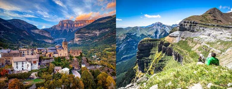 Bildet viser byen Torla og Ordesa nasjonalpark i Pyreneene.