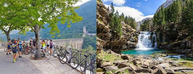 Bildet viser syklister og foss i nasjonalparken Ordesa i Pyreneene.