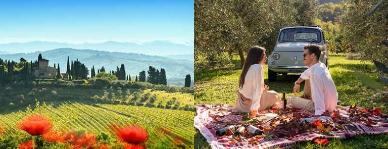 Bildet viser Fiat 500, picnic og natur i Toscana