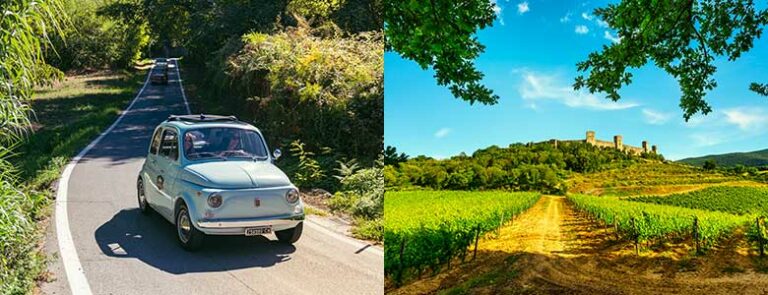 Bildet viser Fiat 500 og natur i Toscana